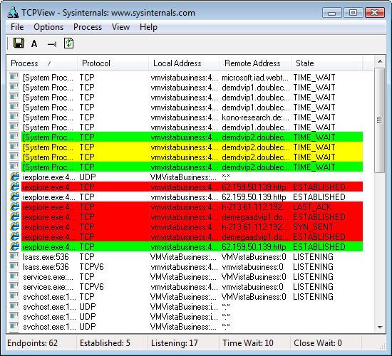 TCPView zeigt in einer Liste übersichtlich den Zustand von TCP-Endpunkten – hier die Fenster-Version... (Archiv: Vogel Business Media)