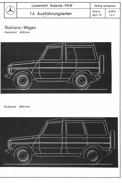 Von der G-Klasse wurden im Wesentlichen drei Aufbauvarianten für die zivile Nutzung gebaut: ein zweitüriges Cabriolet, ein geschlossener Dreitürer (Station kurz) und eine fünftürige Langversion (Station lang). (Bild: Mercedes-Benz)
