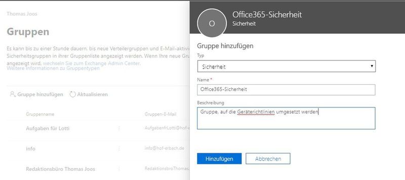 Die Zuweisung von Richtlinien erfolgt über Sicherheitsgruppen, die im Office 365-Portal angelegt werden. (Joos / Microsoft)