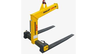 Mit den Tiger-Krangabeln zum Transport von Paletten, Gitterboxen und Behältern per Krananlage ist auch der Über-Kopf-Transport möglich. (Bild: Kurschildgen)