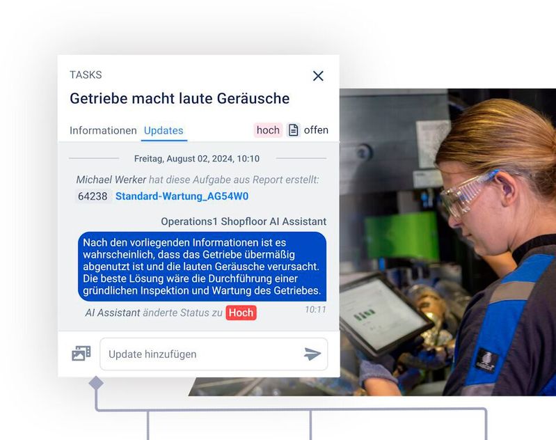 Ein Beispiel, wie sich KI einfach und vor allem sinnvoll in bestehende Prozessketten einbinden lässt, ist der AI Shopfloor Assistant von Operations1.(Bild:  Operations1)