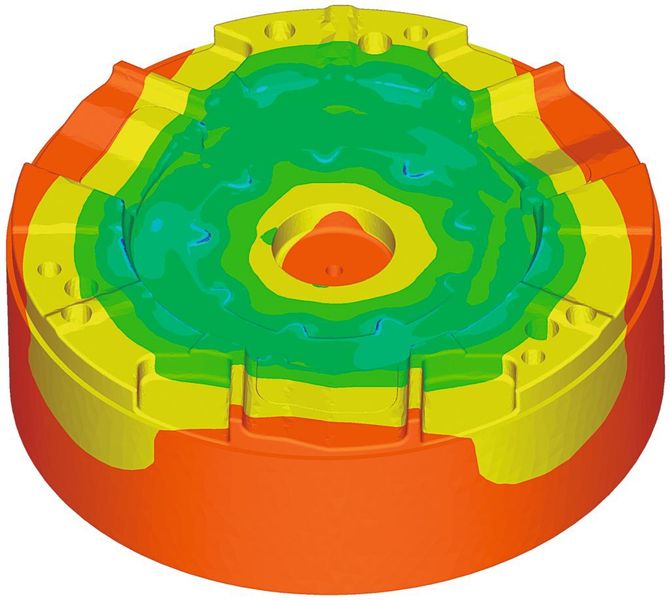Bild 4: Simulation der Werk- zeugbelastung eines typischen Blechumformwerkzeuges.  (Bild: Simufact)