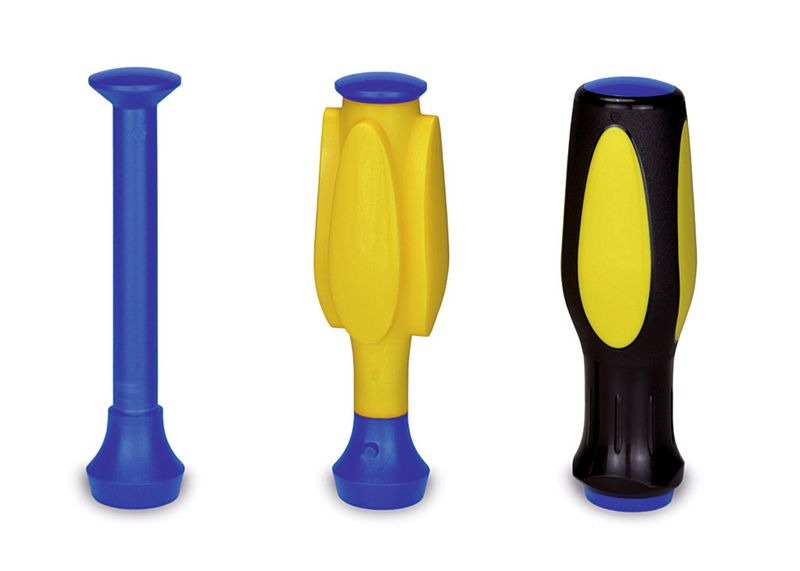 This screwdriver handle, which comprises three different injected materials, is an example of the type of product that can be made with the tool. (Source: Boucherie)