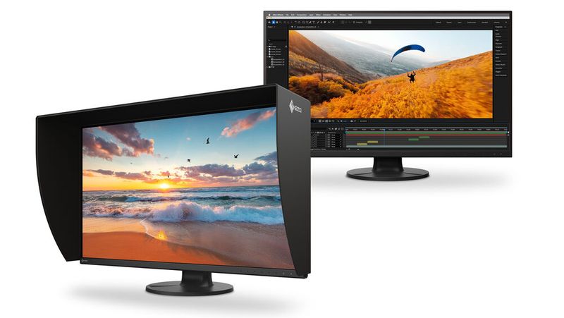Der ColorEdge CS3200X basiert auf einem IPS-Panel, das eine Auflösung von 3.840 x 2.160 Bildpunkten liefert und mit 60-Hz-Bildwiederholfrequenz arbeitet. Die Lichtschutzblende mit magnetischer Befestigung gehört zum Lieferumfang.(Bild:  Eizo)