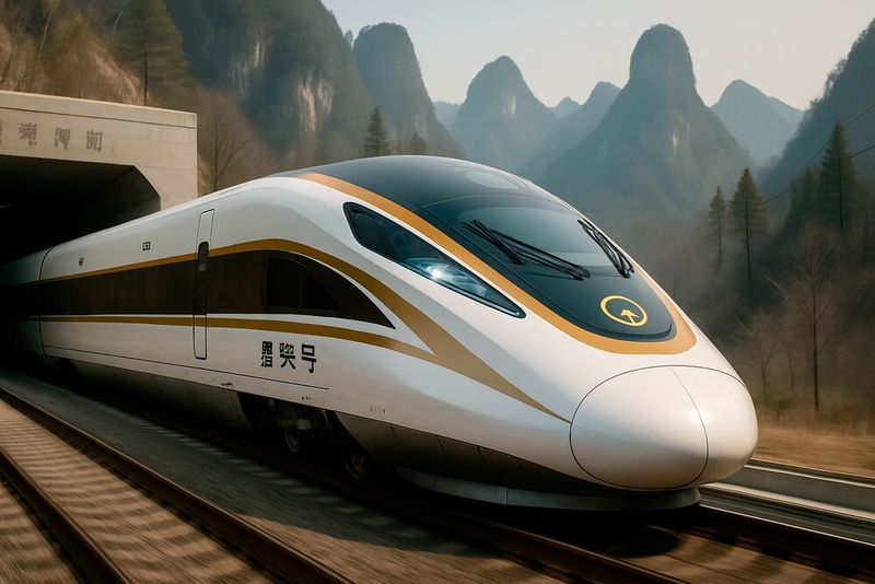 Die chinesische Hochgeschwindigkeits-Bahn „Gaotie“ soll künftig mit 350 km/h durch das Karstgebirge sausen. Der Yangcun-Tunnel wird Teil der neuen Strecke. (Bild:  GPT Image Editor / KI-generiert)