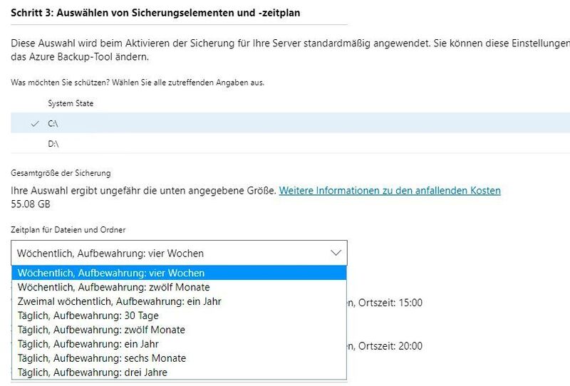 Im Rahmen der Einrichtung von Azure Backup wird auch der Sicherungszeitplan konfiguriert. (Joos/Microsoft)