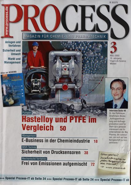 März 2003   Top Themen:  - Hastelloy und PTFE im Vergleich - E-Business in der Chemieindustrie - Sicherheit von Drucksensoren - Frei von Emissionen aufgemischt (Bild: PROCESS)