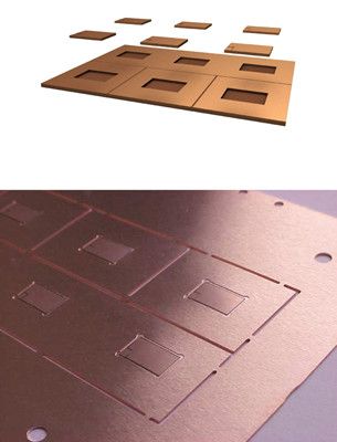 Bild 8: Leadframe mit Kavitäten zur Bestückung von Leistungsbauteilen (oben) und Leadframe mit bestückten MOSFETs (unten). (Bild: Schweizer Electronic AG)
