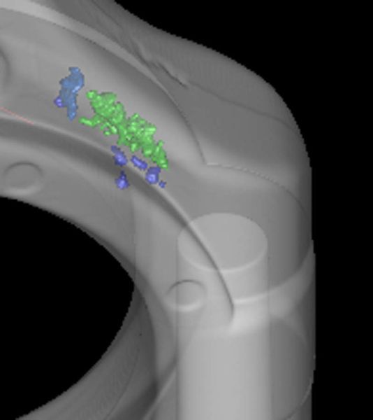 2 Detailauswertung der Porositätsdarstellung eines Pleuels:  Die farblich unterschiedlich dargestellten Einschlüsse zeigen Lunker in verschiedenen Größen. (Archiv: Vogel Business Media)