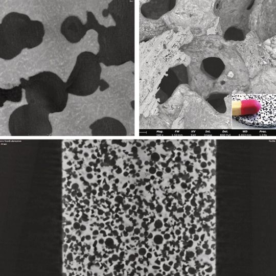 Bild 2: Die poröse Aluminiummatrix wurde sowohl im Rasterelektronenmikroskop (oben rechts) als auch in der Computertomographie untersucht. Die dreidimensionale Vernetzung der Kavitäten ist deutlich erkennbar.(Bild:  Automoteam)