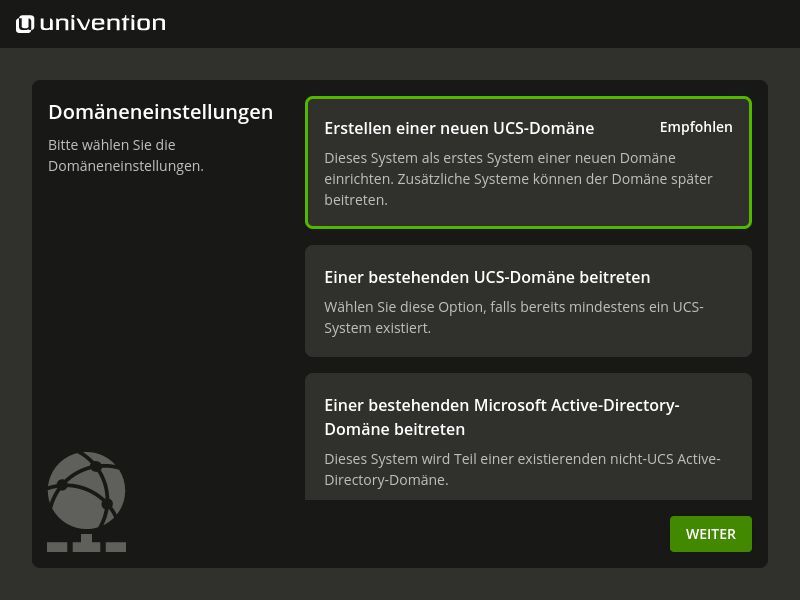 Direkt bei der Installation legt der Administrator fest, ob der Server eine neue UCS-Domäne etabliert oder er einem AD bzw. UCS-AD beitritt. (Bild: Thomas Bär - Univention UCS Einrichtungsassistent)