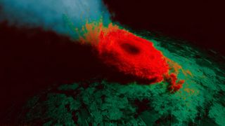 Die Abbildung zeigt einen Wirbelsturm auf einer thermischen Wetterkarte.  (Bild: © Igor - stock.adobe.com / KI-generiert)