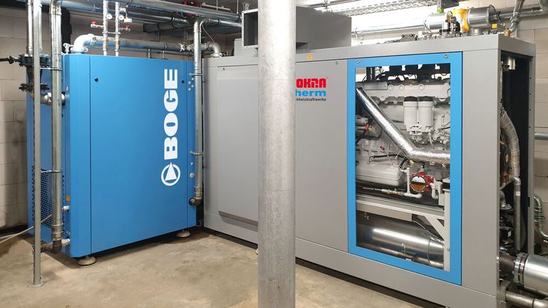 In dem neuen Gasmotor-Kompressormodul (GK-Modul) werden die Hauptkomponenten eines Blockheizkraftwerks direkt mit einem Schraubenkompressor gekoppelt.(Bild:  Sokratherm)
