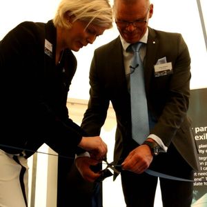 Sofia Westergren, Chairman of the municipality of Stenungsund and Perstorp’s Christer Andersson, Site Manager Stenungsund cutting the ribbon to mark the official opening of the company's new state-of-the-art Oxo plant for production of chemical intermediates in Stenungsund, Sweden.