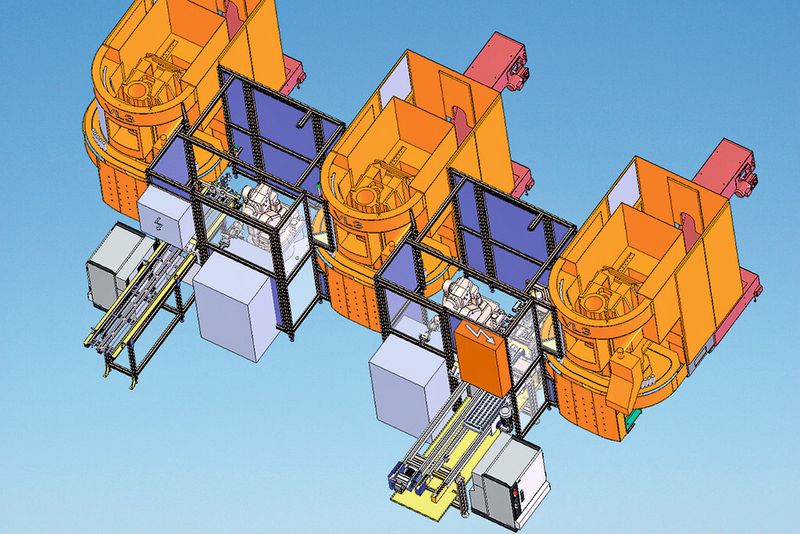Bild 1: Die Grafik der Systemlösung zeigt zwei Roboterzellen zur Be- und Entladung dreier Vertikaldrehmaschinen mit Zu- und Abführung der Roh- und Fertigteile, Spänekontrolle, Bürststation, SPC-Ausschleusung und Entmagnetisierungstunnel. (Bild: Schnaithmann)