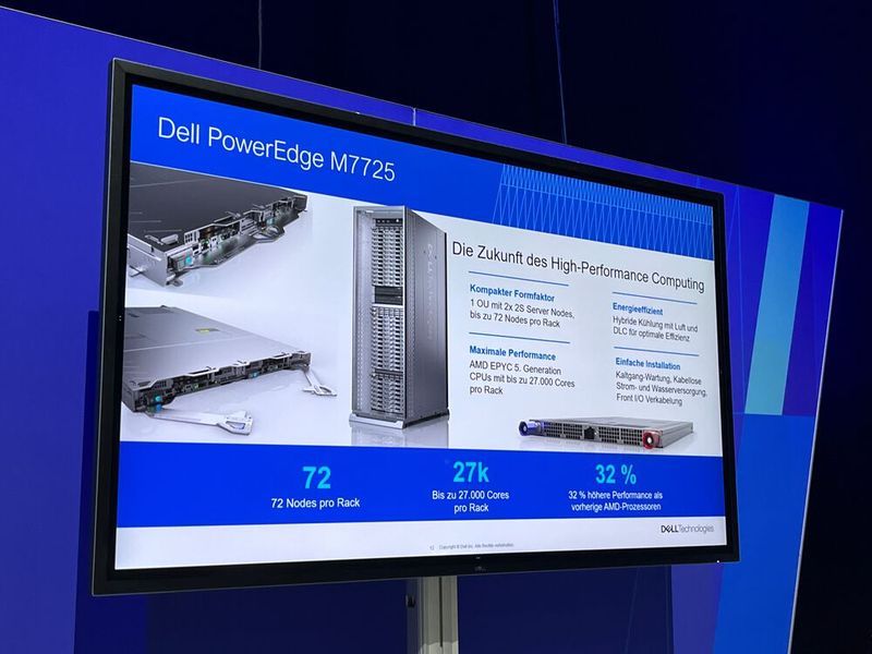 Ein passender Compute-Node für das Integrated Rack 7000 ist der Poweredge M7725 mit AMD-Epyc-Prozessoren der fünften Generation (Turin). Bis zu 72 Nodes passen in ein Rack. (Bild: Vogel IT-Medien)
