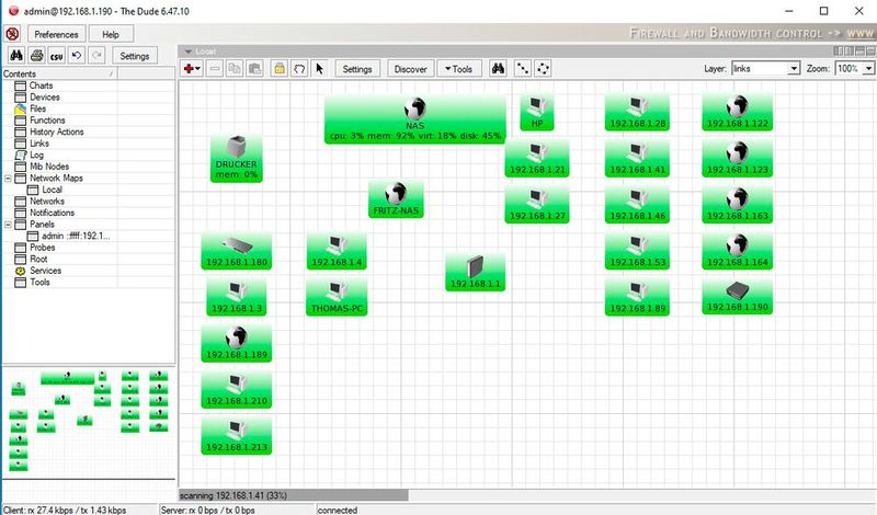 Aufbau der Netzwerkkarte von The Dude. (Bild: Joos / MikroTik)