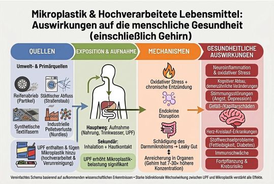 Die Mikroplastikbelastung des Menschen und die Gesundheit des Gehirns. Schematischer und vereinfachter Überblick über ausgewählte Quellen, Expositionswege, Mechanismen und gesundheitliche Auswirkungen im Zusammenhang mit der Anreicherung von Mikro- und Nanoplastik im menschlichen Körper.(Bild:  Fig. 1 /Julio Licinio / CC BY )