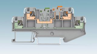  Im Querschnitt der Messertrennklemme sind die getrennten Leiterbahnen in Orange und Grün zu sehen. Die Drahtfedern aus Kupfer halten die eingesteckten Drähte in Position. (Bild: Phoenix Contact)