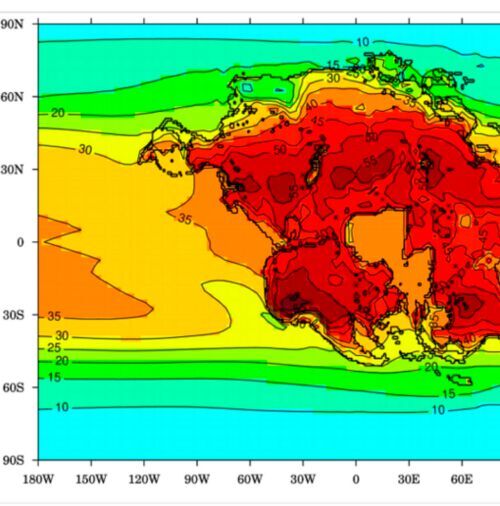 Image shows the warmest month average temperature (degrees Celsius) for Earth and the projected supercontinent (Pangea Ultima) in 250 million years, when it would be difficult for almost any mammals to survive.