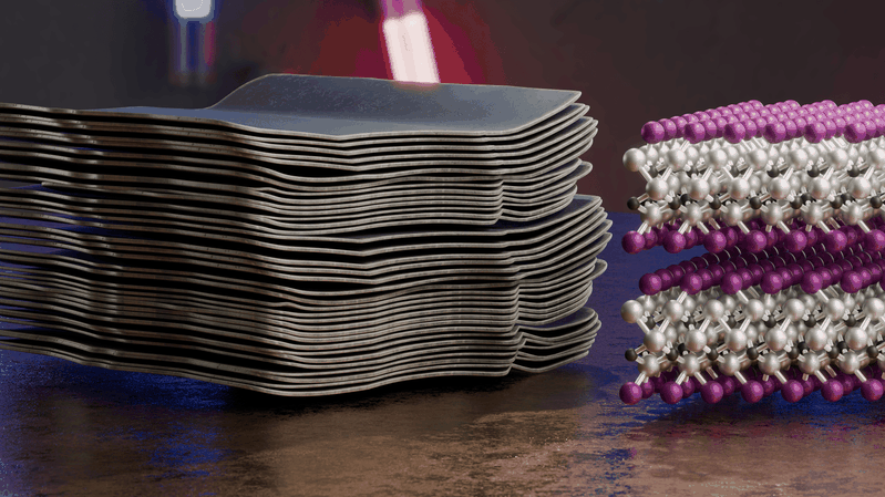 The image combines a model derived from a scanning electron microscopy image (left) with a snippet of the underlying crystal structure of a studied MXene featuring precisely controlled surface terminations.(Source:  B. Schröder/HZDR)