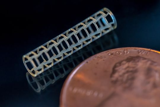 Ein 3D-gedruckter kardiovaskulärer Stent, der mithilfe der PμSL-Mikropräzisions-3D-Drucktechnologie von BMF hergestellt wurde.(Bild:  BMF)