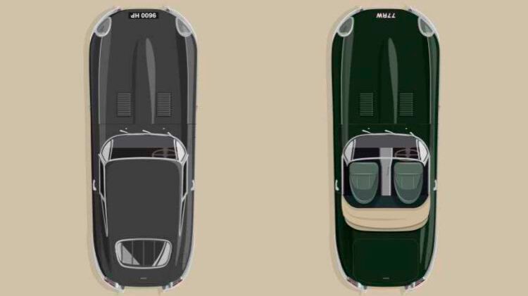 Frisch restauriert ab März 2021 zu haben: Die beiden Modelle der Reihe „E-Type 60 Collection“ gibt es nur im Doppelpack. Die sechs restaurierten Paare bestehen jeweils aus einem E-Type Coupé in der Farbe Flat Out Grey und einem Roadster in Drop Everything Green. (Bild: Jaguar)