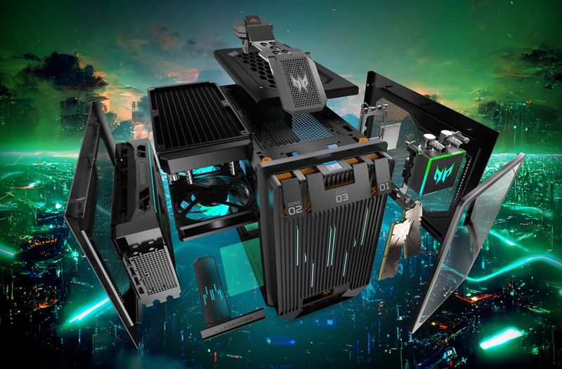 Der Predator Orion X als Exlosionsgrafik. Ganz inks ist die Nvidia-Grafikkarte zu sehen, rechts daneben der Radiator für die All-in-One-Kühlung des Intel-Prozessors.   (Bild: Acer)