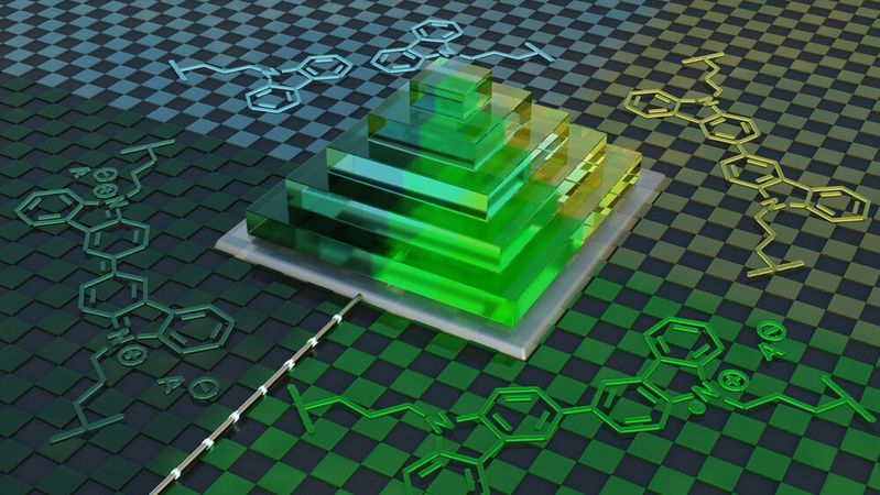 Visualisierung einer 3D-gedruckten Pyramidenstruktur mit elektrochromem Verhalten. Aufgrund der unterschiedlichen Redoxzustände des leitfähigen Materials verändert die Struktur bei elektrochemischer Stimulierung reversibel ihre Farbe.(Bild:  Universität Stuttgart, GRK 2948, F. Sterl)
