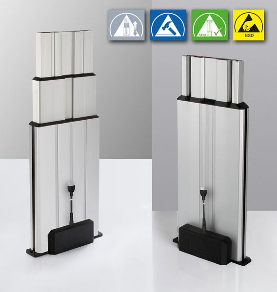 Starke Leistung für spezifische Anwendungsfelder: die elektrischen Hubsäule Multilift II (r.) und seine teleskopierende Variante, der Multilift II telescope (l.) (RK Rose+Krieger GmbH)
