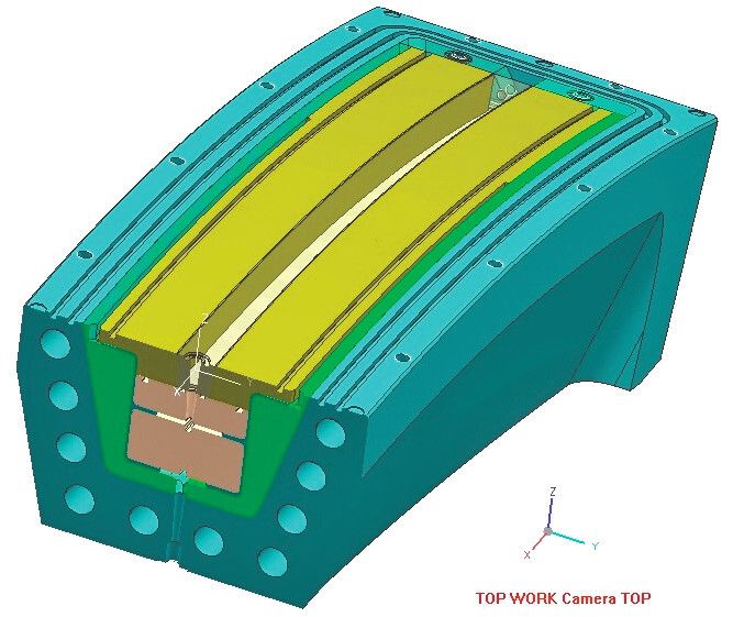 Modulare Vielfalt	 Schnitt durch das 3D-Modell einer modular aufgebauten RTM-Form für Flugzeugspanten, um möglichst viele Varianten herstellen zu können. (Bild: Thyssen-Krupp, FIBRE)
