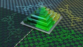 Visualisierung einer 3D-gedruckten Pyramidenstruktur mit elektrochromem Verhalten. Aufgrund der unterschiedlichen Redoxzustände des leitfähigen Materials verändert die Struktur bei elektrochemischer Stimulierung reversibel ihre Farbe. (Bild: Universität Stuttgart, GRK 2948, F. Sterl)