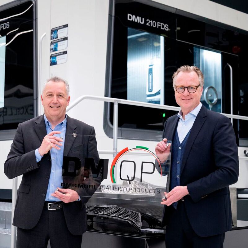 DMG Mori has awarded Hypermill its Qualified Products quality seal. Pictured: Christoph Grosch, Executive Director DMQP, and Volker Nesenhöner, CEO Open Mind. (left)