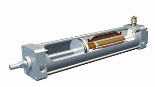 Bild 1: Kraftzylinder mit pneumohydraulischem Druckübersetzer. Zum Umschalten vom Eil- in den Krafthub wird kein Ventil benötigt. (Archiv: Vogel Business Media)