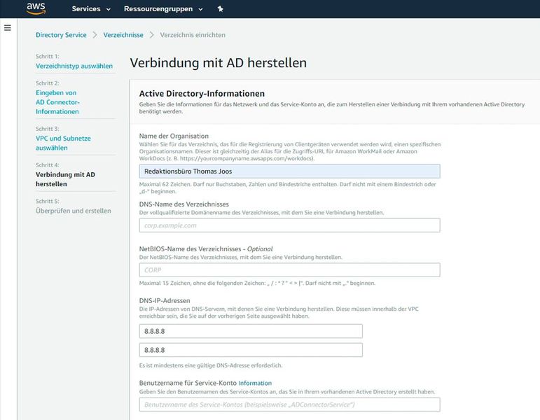 Für die Verbindung zum lokalen Active Directory sind noch Informationen für das Active Directory sowie Daten für die Anbindung notwendig. (Bild: Joos / AWS)