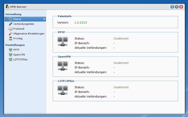Das VPN-Server-Paket, einfach nachinstallierbar, erweitert den DSM um VPN-Funktionen. Aktuell werden die Protokolle PPTP, OpenVPN sowie L2TP/IPSec unterstützt. Richtig Spaß macht es allerdings nur, wenn die genutzte Internetverbindung über einen ordentlich schnellen Upload verfügt. (Bild: VBM)