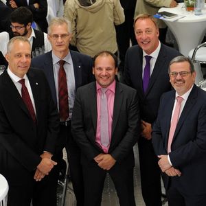v.l.n.r.: Peter Stubbe, CFO Haltermann Carless Deutschland, Bernhard Heer, Vice President Production und Technology Germany Haltermann Carless Deutschland, Hans-Marcus Knoll, Vorstand Technik und Betrieb Getec heat & power, Volker Schulz, Vorstandssprecher Getec heat & power AG, Hansjörg Eger Oberbürgermeister Stadt Speyer bei der Eröffnungsfeiher des neuen Industrieheizwerks.