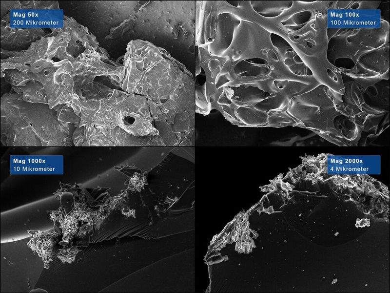 Ansichten und Vergrößerungsstufen von Kohlenstoffproben erzeugt aus unterschiedlichen Kunststoffen im Rasterelektronenmikroskop (Zeiss Gemini). (Bild: ZSW)