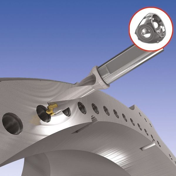 Bild 5: Schematische Darstellung einer Bohrbearbeitung an der Rotornabe. Das Sumocham-Bohrsystem reduziert die Werkzeugwechselzeit durch seinen modularen Aufbau.  (Bild: Iscar)