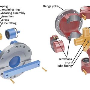 Gelenkwellen mit geschlossenen Lageraugen (li., blau) bieten eine gleichmäßigere Lastverteilung, sind wirtschaftlicher in der Fertigung und erweisen sich als weniger fehleranfällig als Kardanwellen mit geteilten Lageraugen (re., rot).(Bild:  Ringspann Kempf)