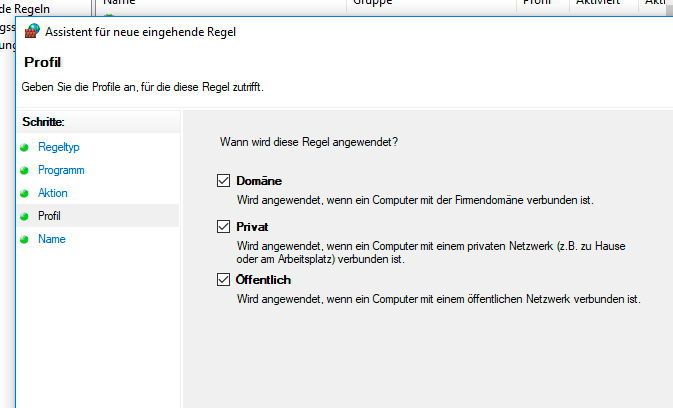 Im Assistenten kann ausgewählt werden für welches Netzwerk-Profil die Regel erstellt werden soll. (Th. Joos)