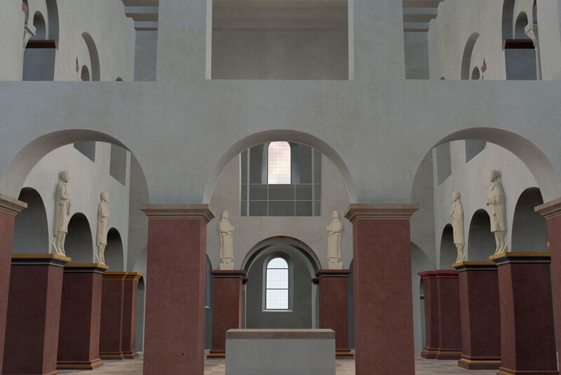 Ein 3D-modelliertes Architekturmodell des Johanneschors mit Stuckfiguren zeigt den Blick nach Westen von der ehemaligen karolingischen Basilika aus.  (Bild: Fraunhofer IGD)