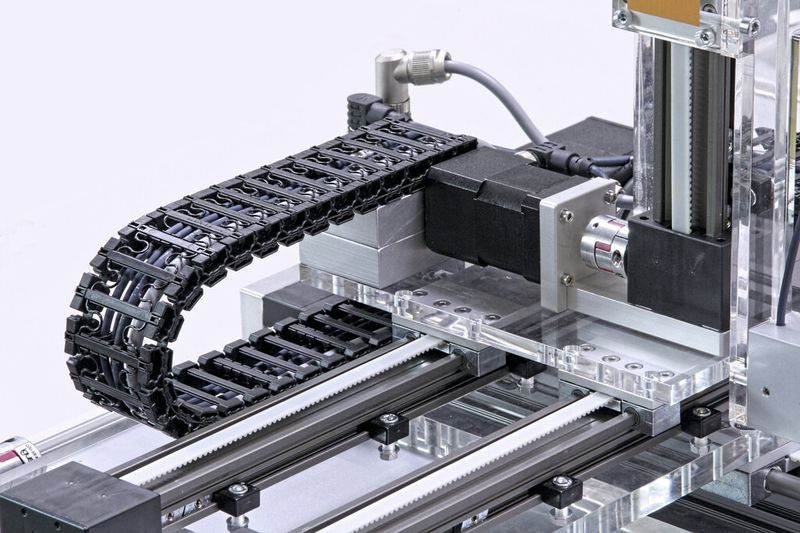 Bild 1: Mit entsprechendem Baukasten lassen sich aus Kunststoff-Linearführungen mit Schrittmotoren, Energieketten sowie den passenden „Chainflex“-Leitungen komplette einbaufertige Betriebseinheiten zusammenstellen. (Bild: Igus)