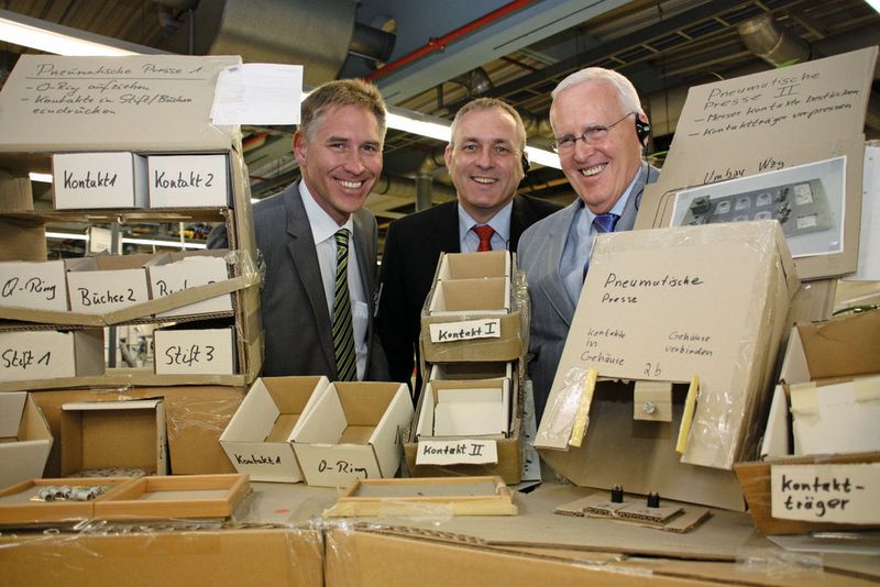 Matthias Pärsch (DQS), Michael Drechsel (DQS) und Dietmar Harting (v.l.n.r.) an einem mit Pappe nachgestellten Arbeitsplatz, der so lange ver- bessert wird, bis er dem natürlichen Bewegungsfluss der Beschäftigten gerecht wird.  (Bild: Harting)