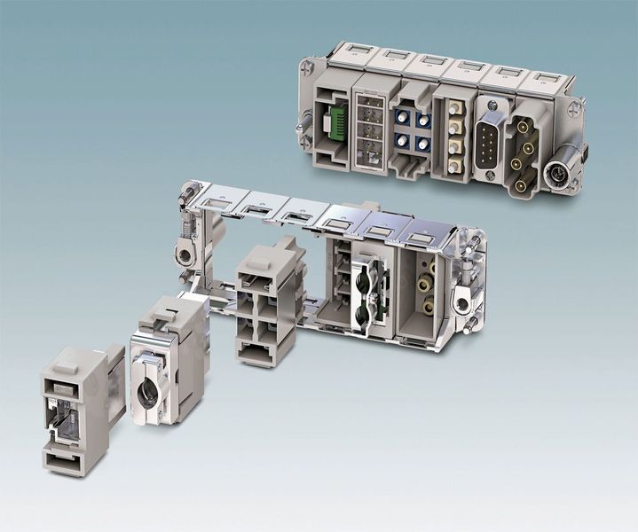 Modulares Steckverbindersystem für Daten, Signale und Leistung – mit Heavycon Modular wird der Einsatz schwerer Steckverbinder flexibler und bequemer. (Phoenix Contact )