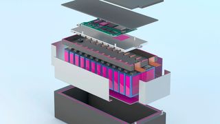 Anwendungsprinzip des neu entwickelten, wärmeleitfähigen Klebstoffs Delo-Duopox TC8686 (magentafarbene Bereiche) für die Montage von Niedervoltbatterien für Hybridfahrzeuge. (Delo)