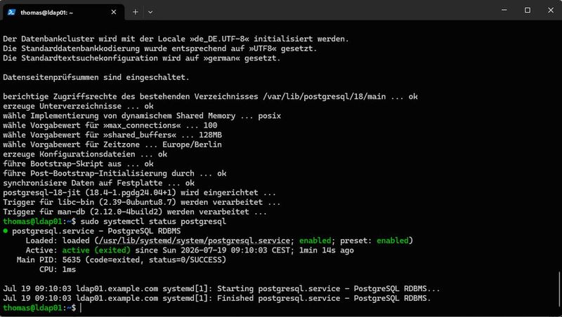 Die Ausgabe belegt die Cluster-Initialisierung mit der Locale „de_DE.UTF-8“ sowie den aktiven Dienst postgresql, den systemctl als eingeschaltet und automatisch gestartet ausweist. (Bild: Joos)