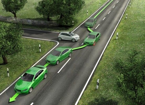 Sichere Ausweichmanöver dank ESP: Ausweichmanöver auf trockener, nasser, verschmutzter oder rutschiger Fahrbahn führen häufig zu schweren Verkehrsunfällen. ESP vergleicht mit Hilfe intelligenter Sensoren 25-mal pro Sekunde, ob das Auto auch dahin fährt, wo der Fahrer hinlenkt. Weichen die Werte voneinander ab, greift das Schleuderschutzsystem unterstützend ein. (Bosch)