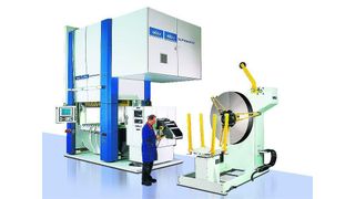 Richt-Vorschub-Einheit an einem Burkhardt-Stanzautomat der STA-Baureihe; die Stanztechnik ist es, mit der sich das Bayreuther Unternehmen auf der Euroblech 2008 präsentiert.Bild: Burkhardt (Archiv: Vogel Business Media)