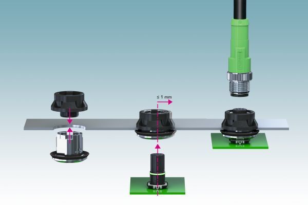 Bild 2: Universell einsetzbare M12-Systeme gleichen die Fertigungstoleranzen zwischen Gehäuse und Leiterplatte aus. (Phoenix Contact)